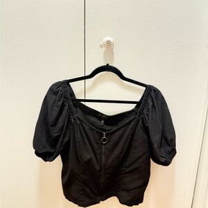 Black Puff Sleeve Top with Front zipper